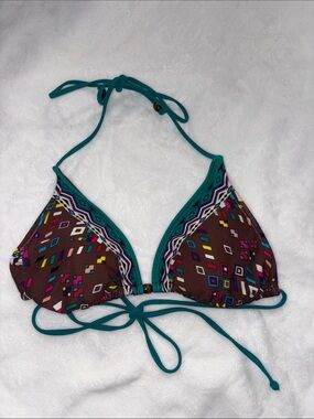 Earthy Boho Geometric Print Halter Bikini Top Multi Diamond Print Y2K Style